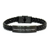 Detective By Day, Ninja By Night Interlaced Leather Bracelet, Funny Quote Gift for Men, Father's Day Unique Gifts from Family, Detective's Day and Night Style Accessories - Image 1